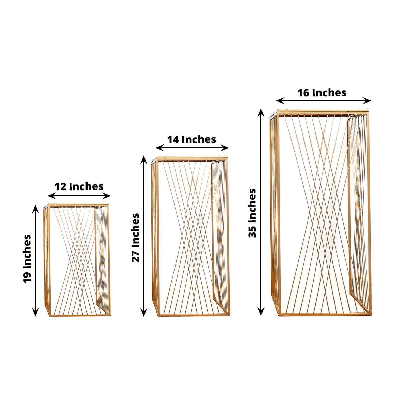 3 Gold Metal Pedestal Stands with Geometric Crossed Lines Pattern