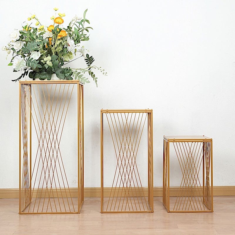 3 Gold Metal Pedestal Stands with Geometric Crossed Lines Pattern