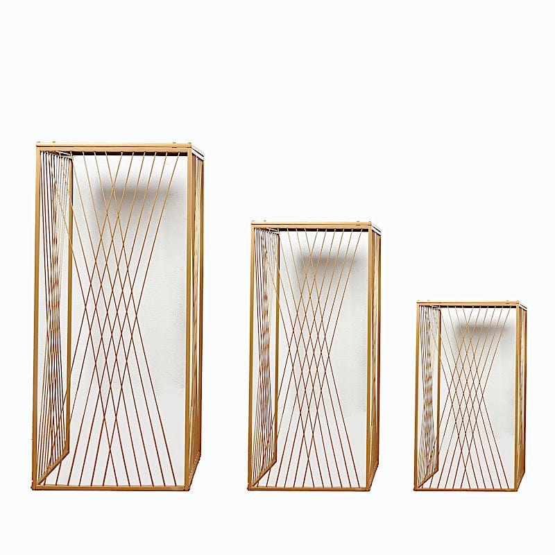 3 Gold Metal Pedestal Stands with Geometric Crossed Lines Pattern