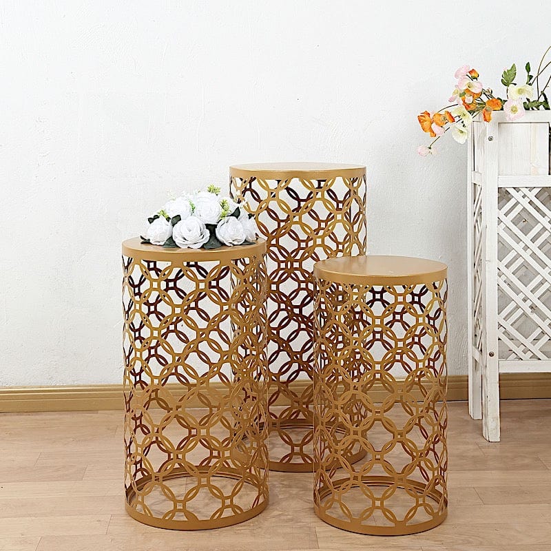 3 Gold Metal Round Mesh Pillar Cake Pedestal Stand