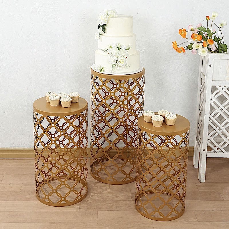 3 Gold Metal Round Mesh Pillar Cake Pedestal Stand