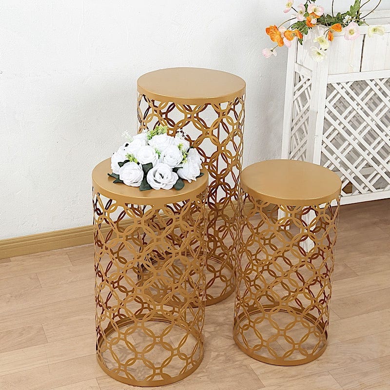 3 Gold Metal Round Mesh Pillar Cake Pedestal Stand