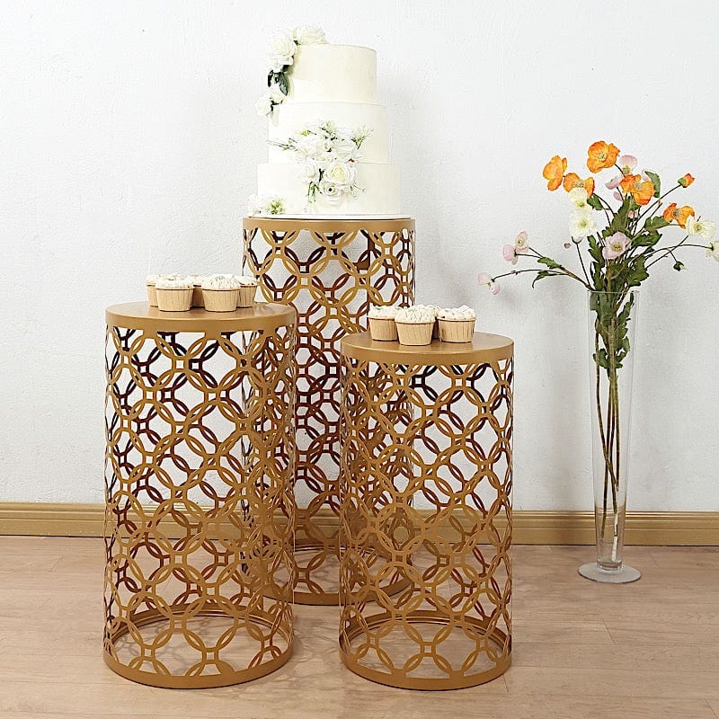 3 Gold Metal Round Mesh Pillar Cake Pedestal Stand