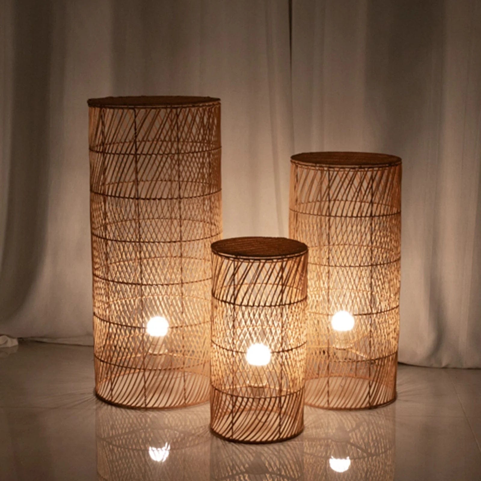 3 Natural Woven Rattan Wicker Display Stands Floor Lamp Shades