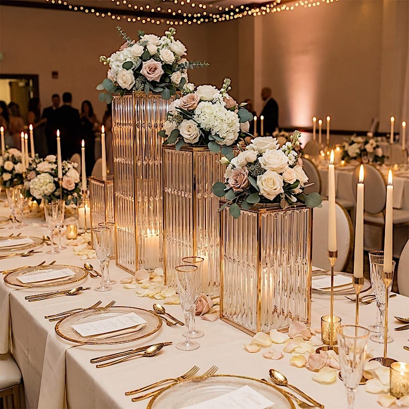 4 Gold Rectangular Metal Pedestal Stands with Acrylic Top and Crystal Pendant Strip Chains
