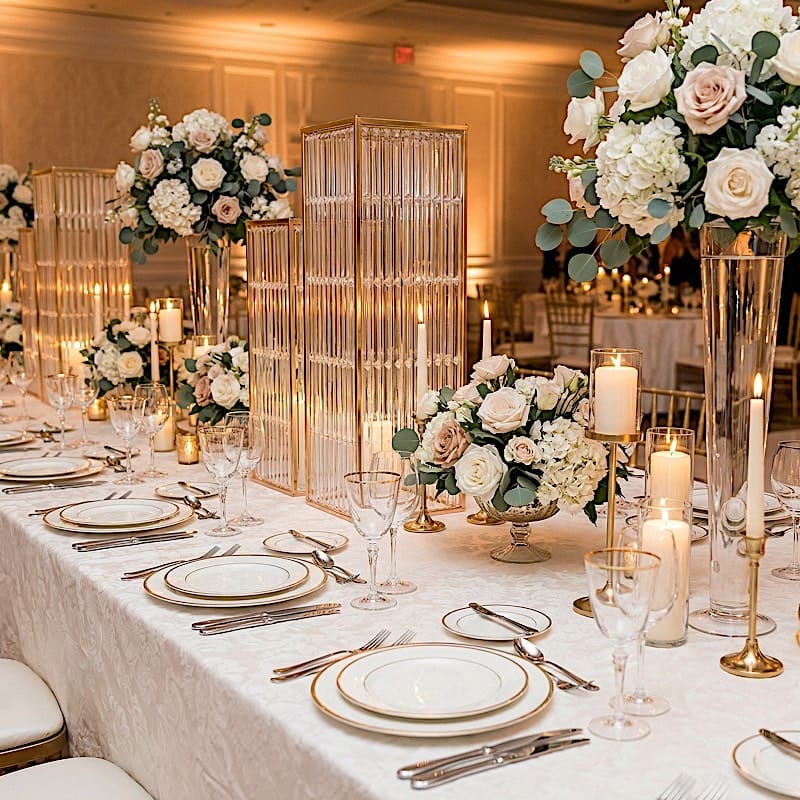 4 Gold Rectangular Metal Pedestal Stands with Acrylic Top and Crystal Pendant Strip Chains