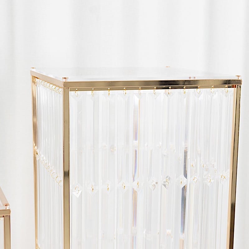 4 Gold Rectangular Metal Pedestal Stands with Acrylic Top and Crystal Pendant Strip Chains