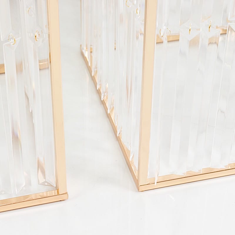 4 Gold Rectangular Metal Pedestal Stands with Acrylic Top and Crystal Pendant Strip Chains