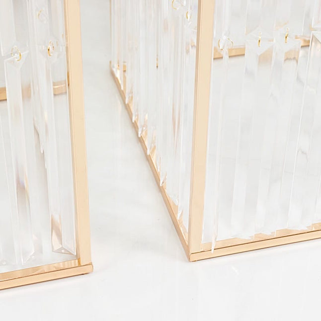 4 Gold Rectangular Metal Pedestal Stands with Acrylic Top and Crystal Pendant Strip Chains