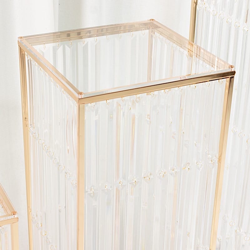 4 Gold Rectangular Metal Pedestal Stands with Acrylic Top and Crystal Pendant Strip Chains