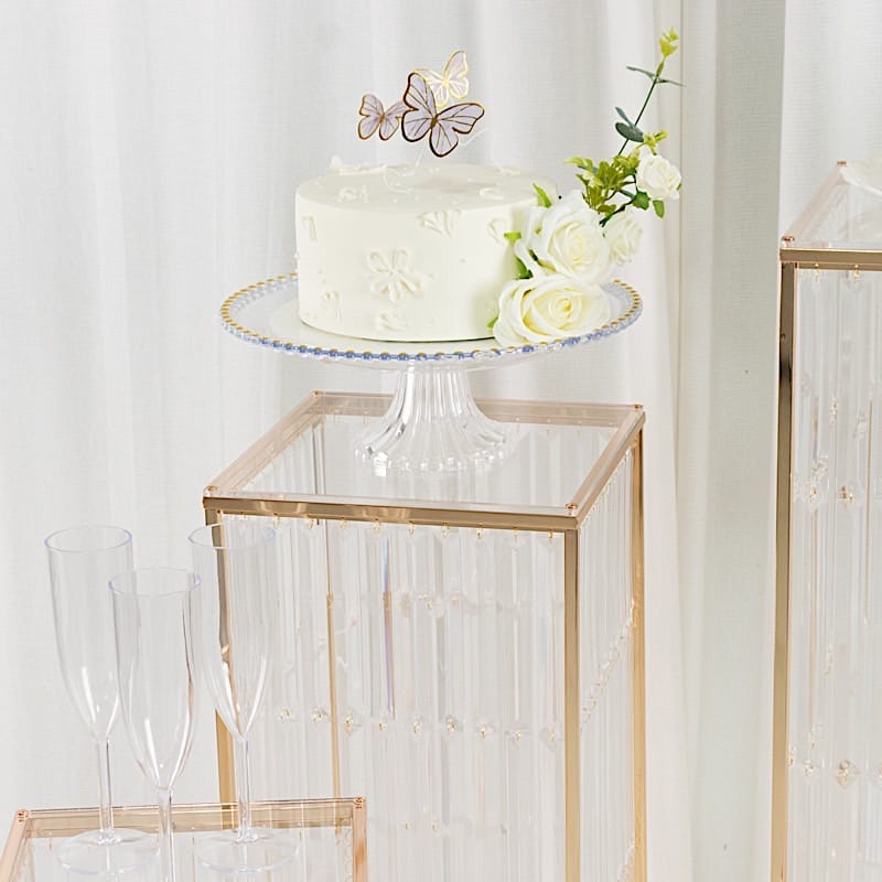 4 Gold Rectangular Metal Pedestal Stands with Acrylic Top and Crystal Pendant Strip Chains