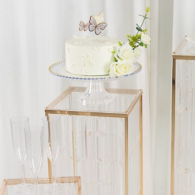 4 Gold Rectangular Metal Pedestal Stands with Acrylic Top and Crystal Pendant Strip Chains