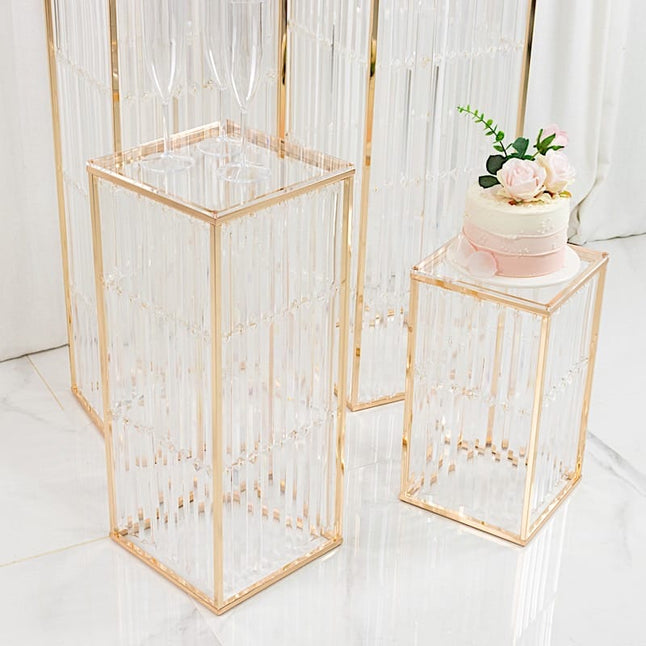 4 Gold Rectangular Metal Pedestal Stands with Acrylic Top and Crystal Pendant Strip Chains