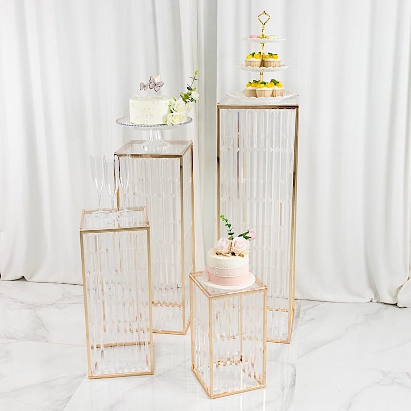 4 Gold Rectangular Metal Pedestal Stands with Acrylic Top and Crystal Pendant Strip Chains