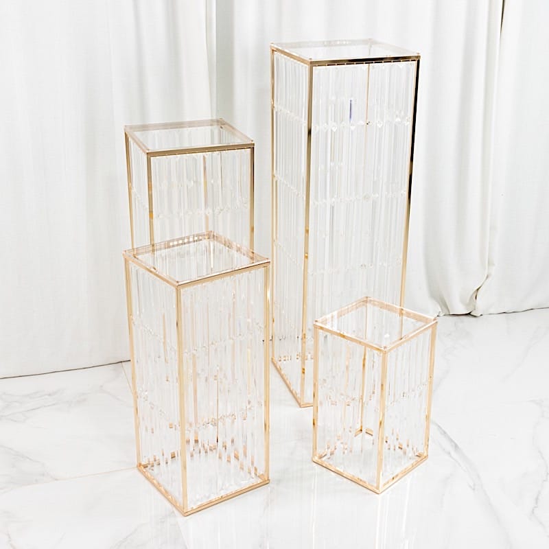 4 Gold Rectangular Metal Pedestal Stands with Acrylic Top and Crystal Pendant Strip Chains