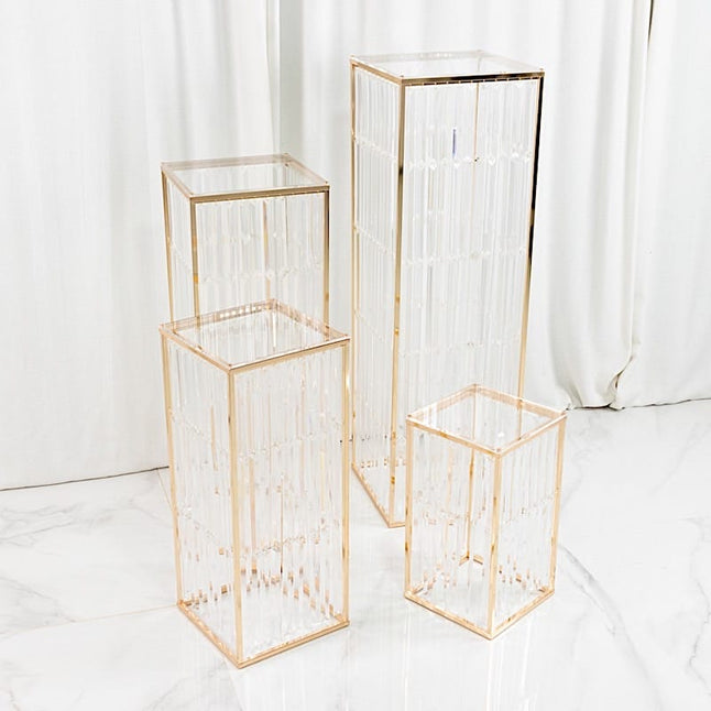4 Gold Rectangular Metal Pedestal Stands with Acrylic Top and Crystal Pendant Strip Chains