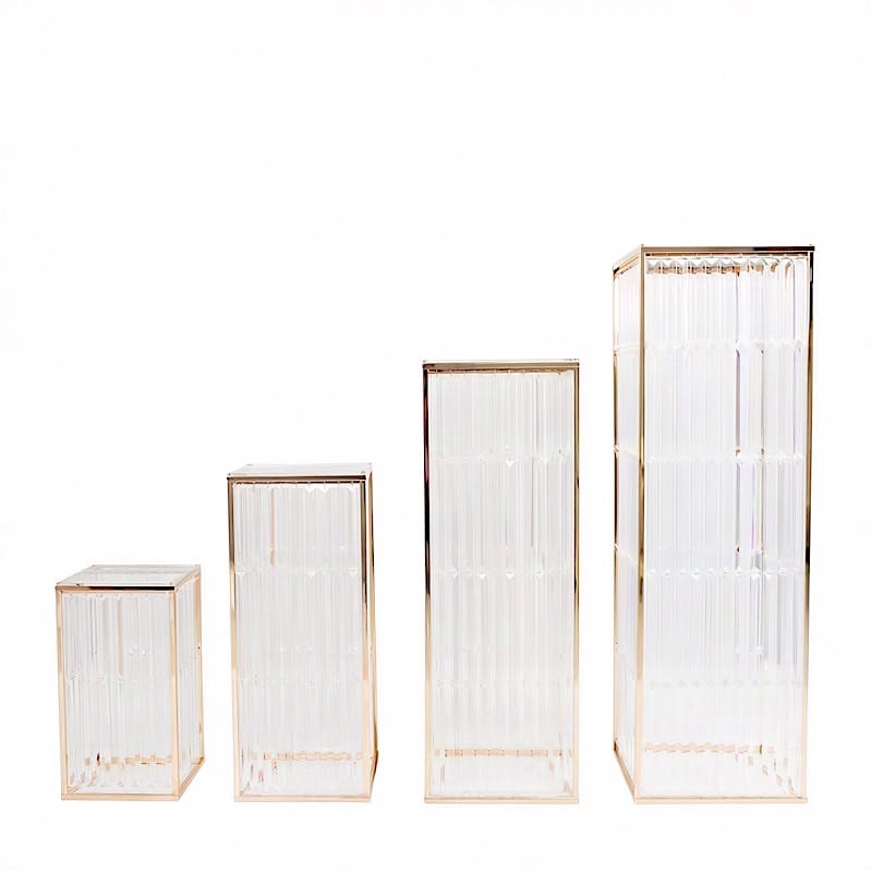 4 Gold Rectangular Metal Pedestal Stands with Acrylic Top and Crystal Pendant Strip Chains