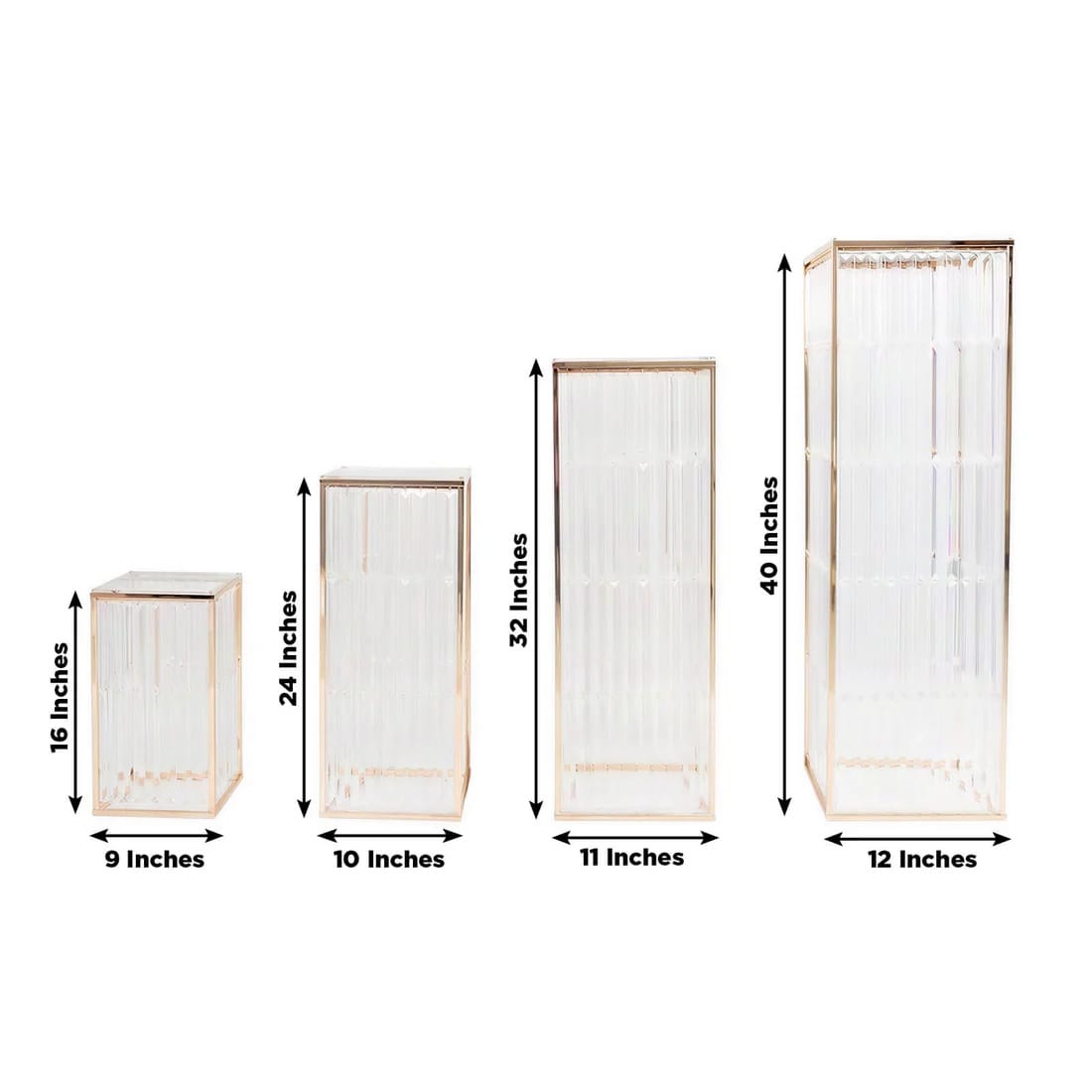 4 Gold Rectangular Metal Pedestal Stands with Acrylic Top and Crystal Pendant Strip Chains