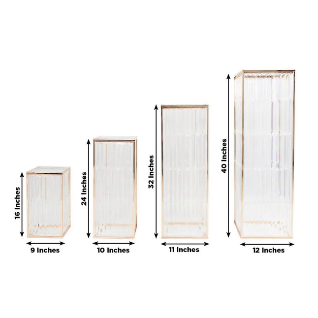 4 Gold Rectangular Metal Pedestal Stands with Acrylic Top and Crystal Pendant Strip Chains