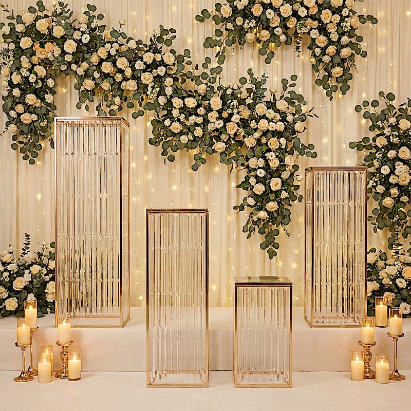 4 Gold Rectangular Metal Pedestal Stands with Acrylic Top and Crystal Pendant Strip Chains
