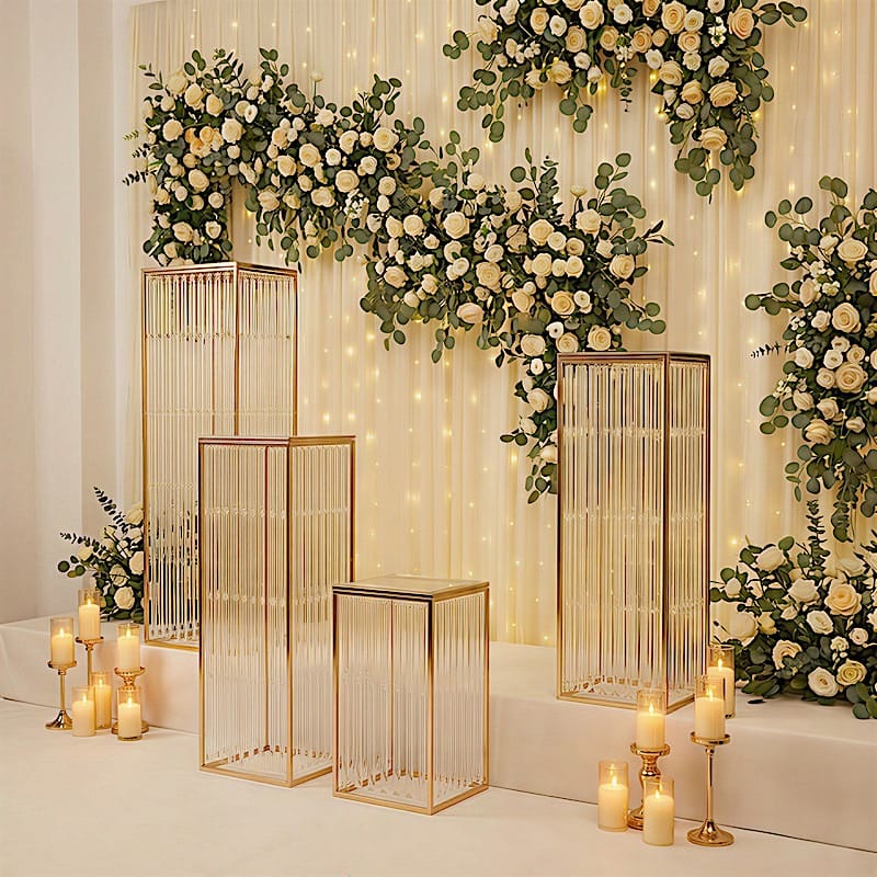 4 Gold Rectangular Metal Pedestal Stands with Acrylic Top and Crystal Pendant Strip Chains