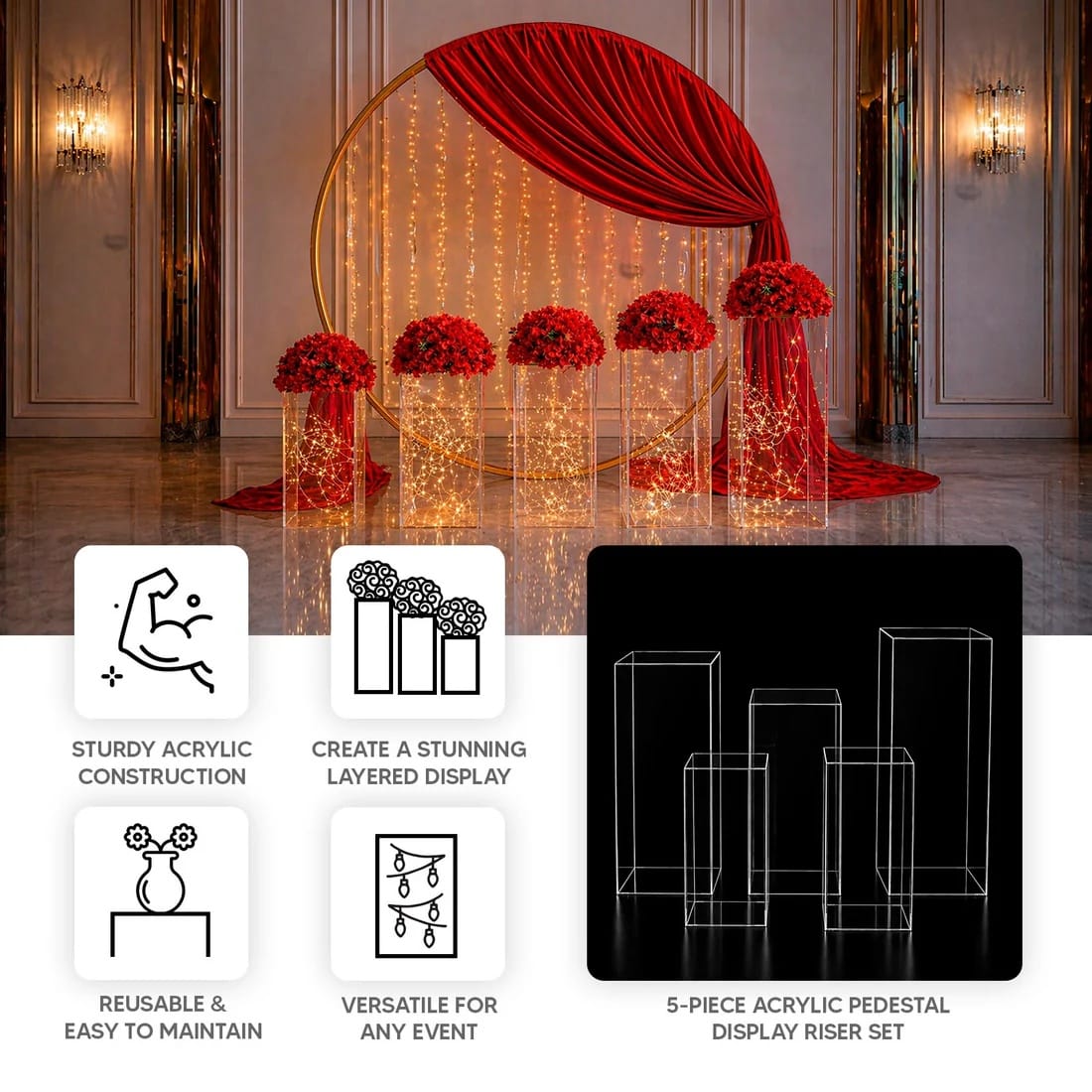 5 Clear Acrylic Rectangular Display Stands Pre-Assembled Pedestal Risers