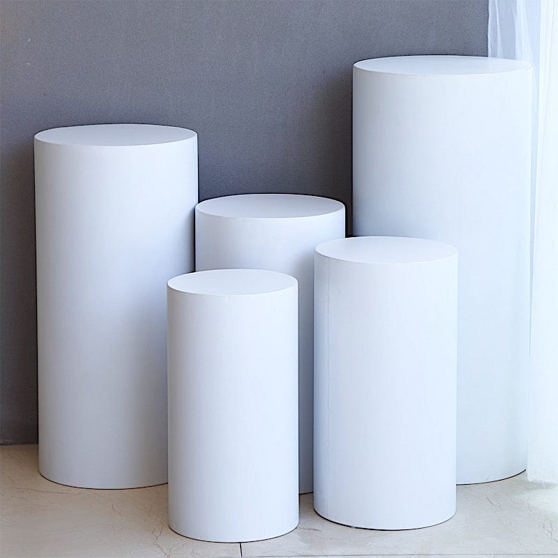 White Box Rack Stands 5 White Cylinder Metal Display Stands Pedestal Riser Columns – Balsa ...