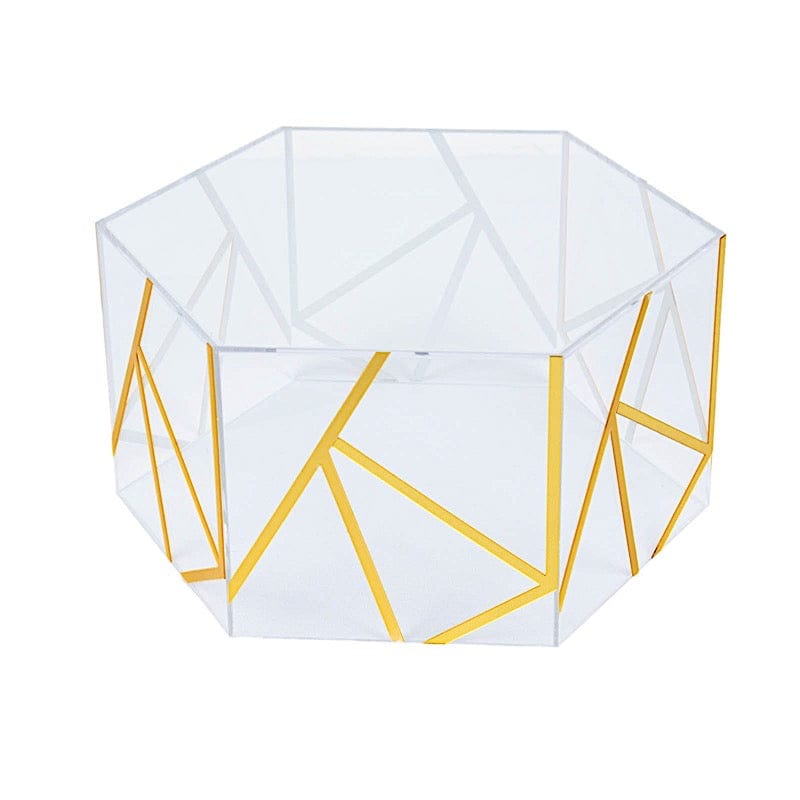 Clear 10x5 in Hexagon Acrylic Display Box Pedestal Riser with Gold Geometric Design