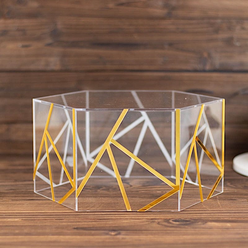 Clear 10x5 in Hexagon Acrylic Display Box Pedestal Riser with Gold Geometric Design
