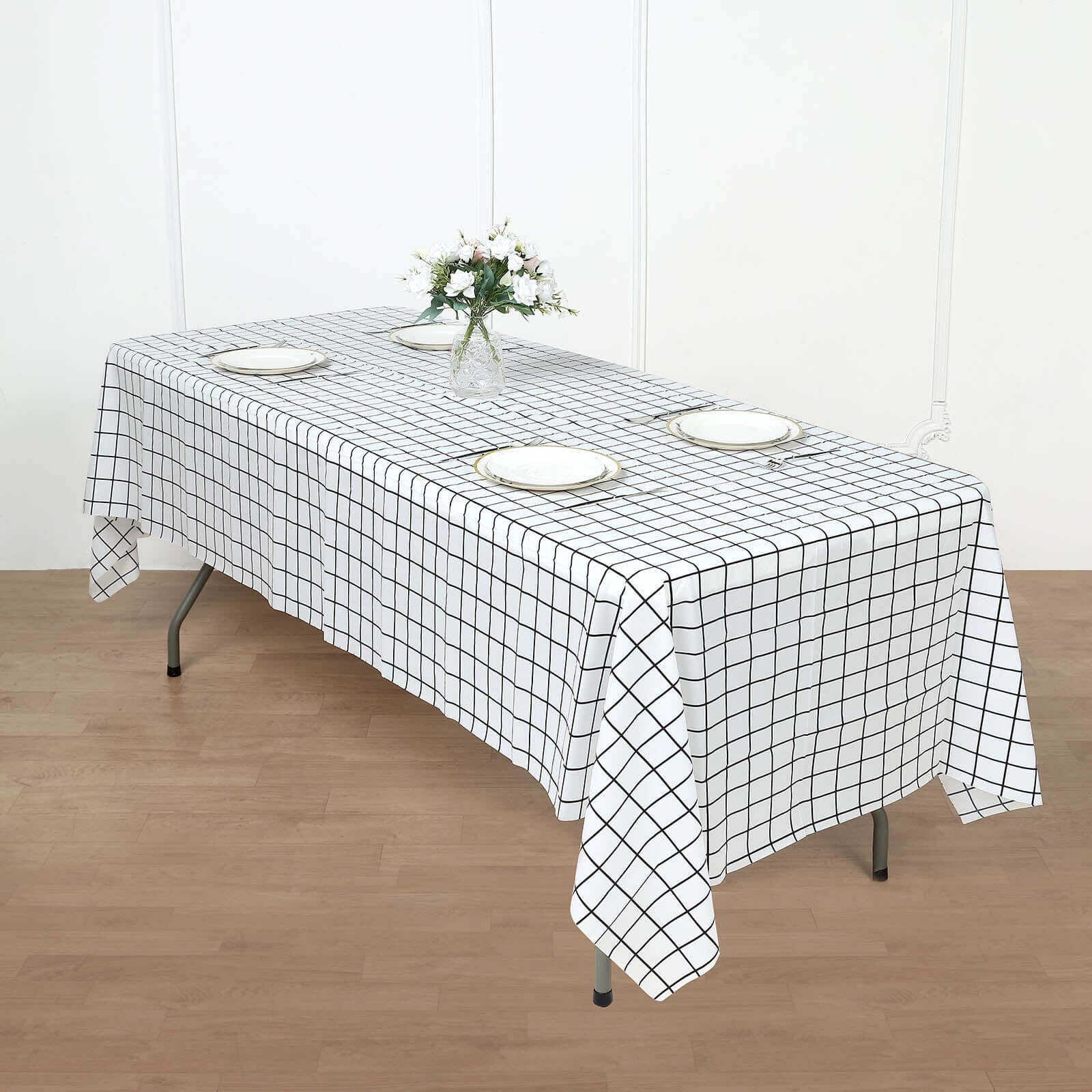 5 Black and White 54x108 in Rectangular Grid Plastic Table Covers