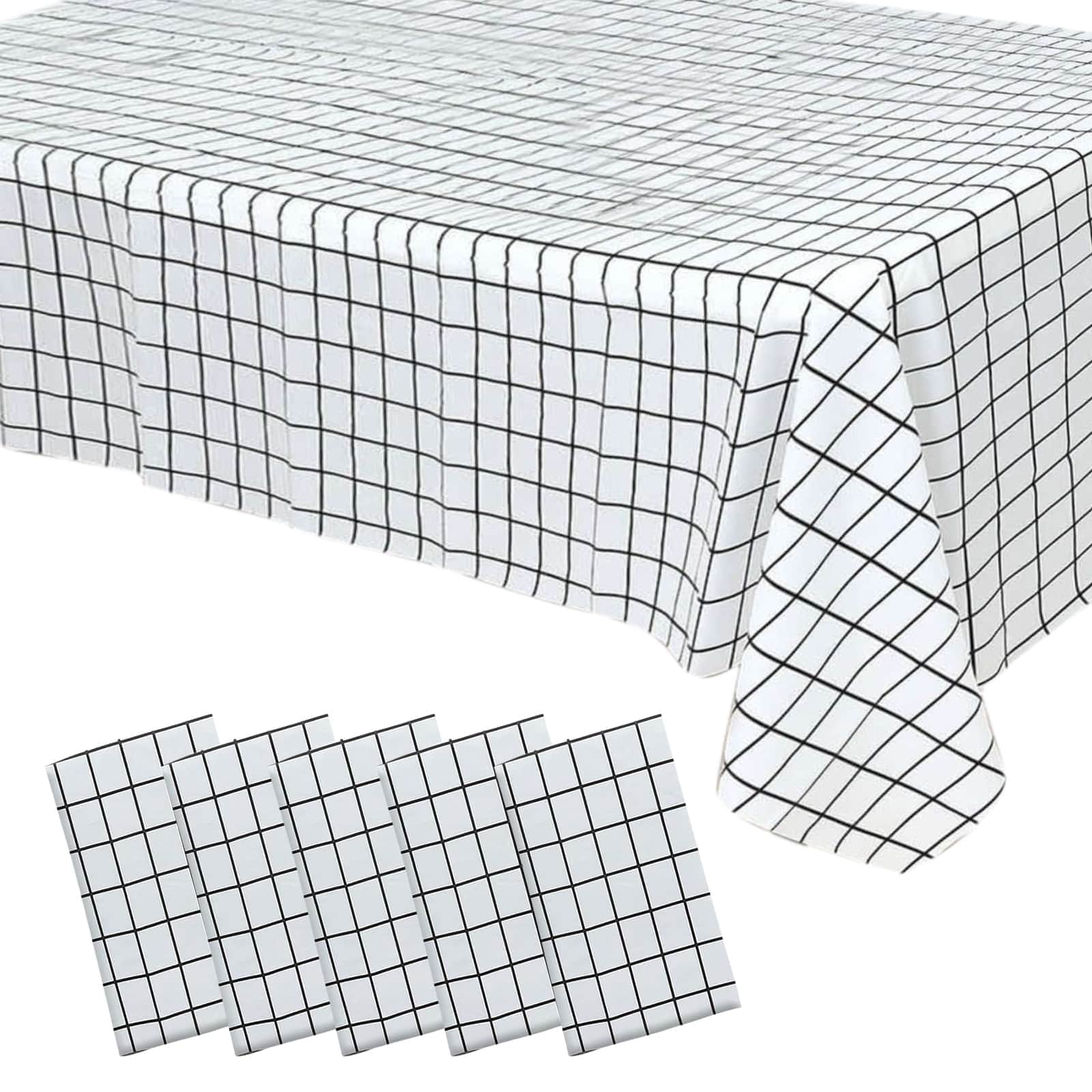 5 Black and White 54x108 in Rectangular Grid Plastic Table Covers
