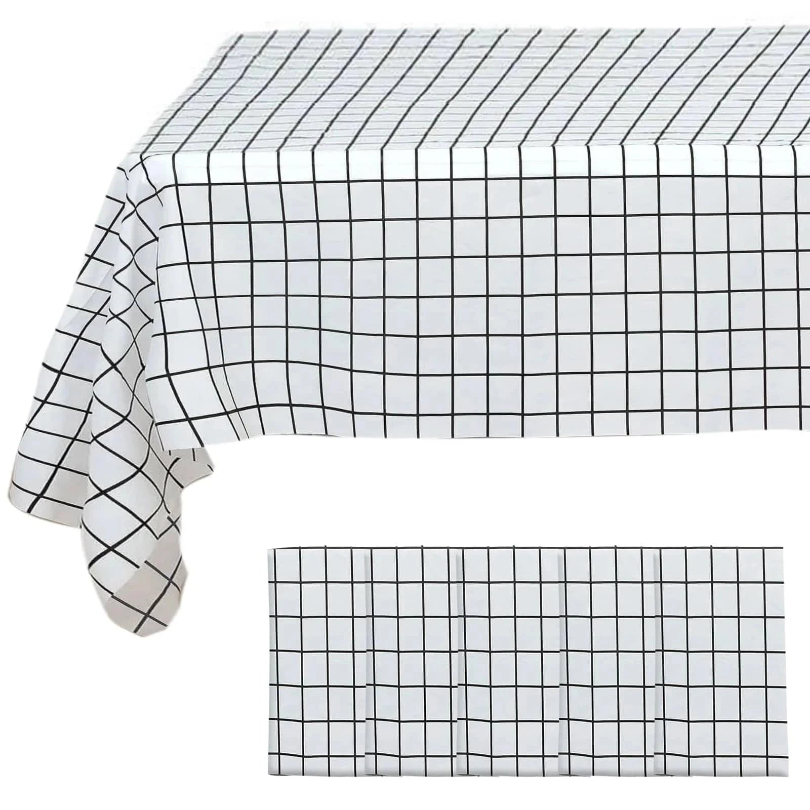 5 Black and White 54x108 in Rectangular Grid Plastic Table Covers