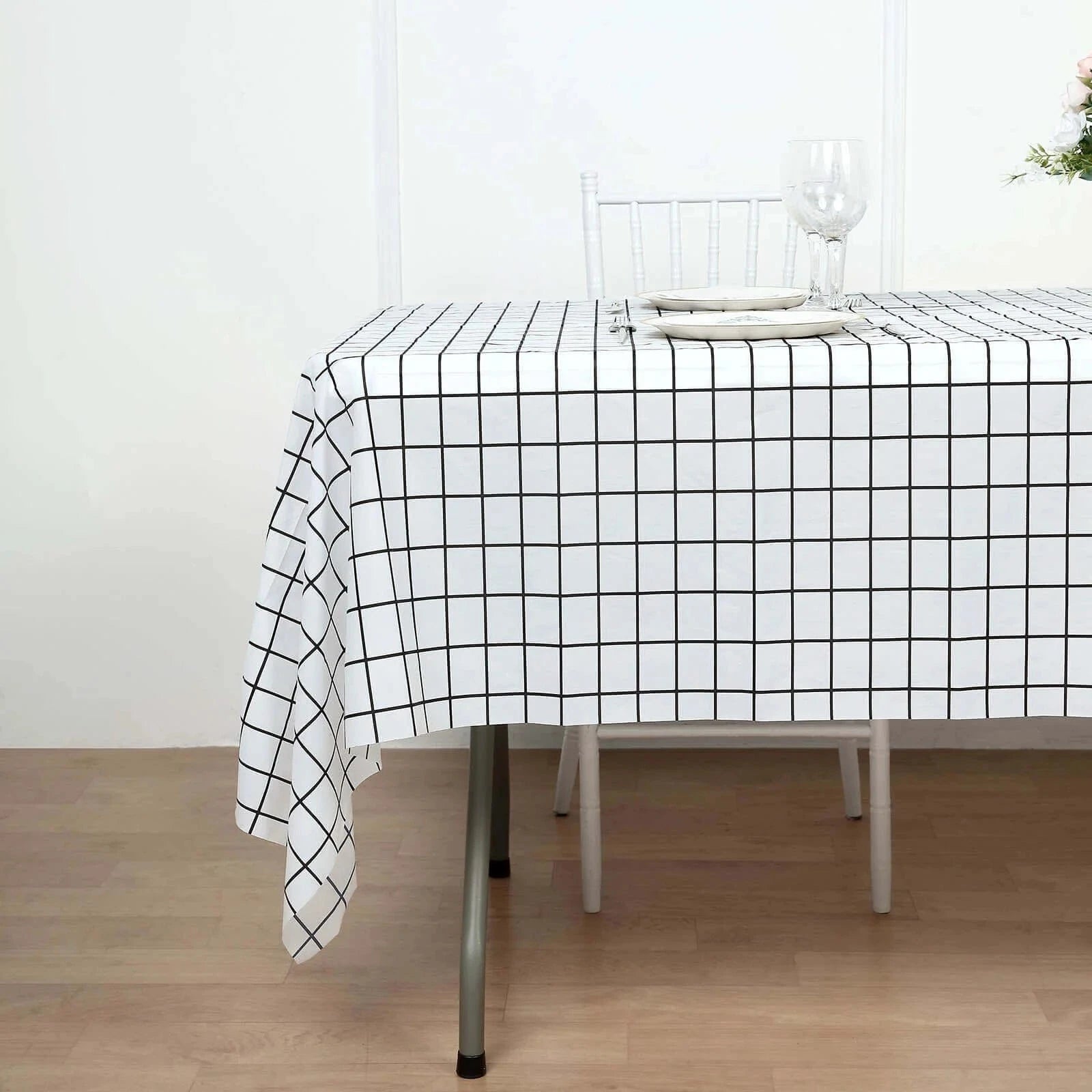 5 Black and White 54x108 in Rectangular Grid Plastic Table Covers