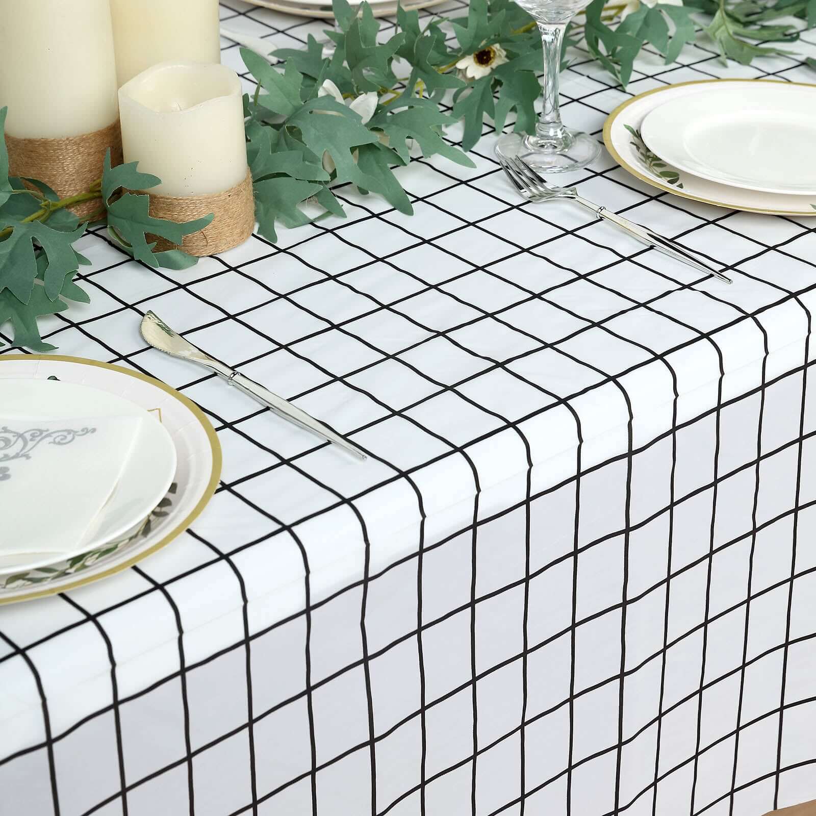 5 Black and White 54x108 in Rectangular Grid Plastic Table Covers
