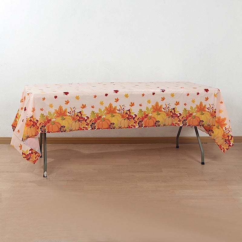 5 Orange 54x108 in Rectangular Disposable  Plastic Tablecloths with Fall Autumn Leaves Pumpkin Print