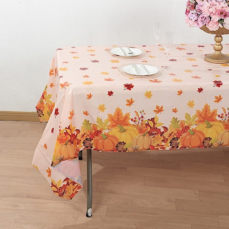 5 Orange 54x108 in Rectangular Disposable  Plastic Tablecloths with Fall Autumn Leaves Pumpkin Print
