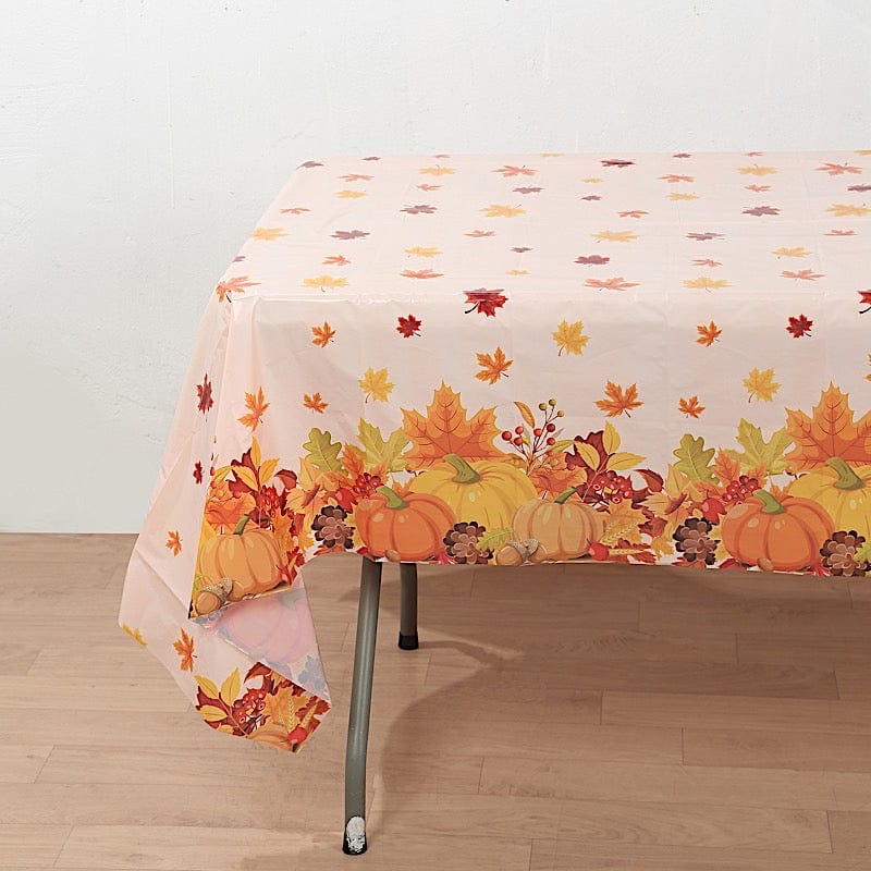 5 Orange 54x108 in Rectangular Disposable  Plastic Tablecloths with Fall Autumn Leaves Pumpkin Print