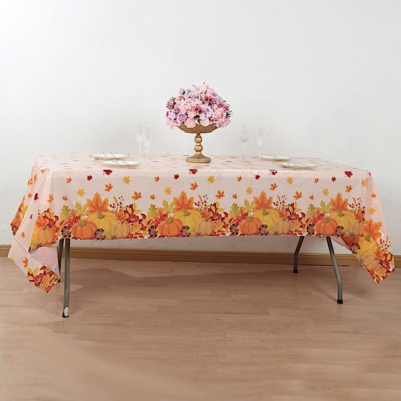 5 Orange 54x108 in Rectangular Disposable  Plastic Tablecloths with Fall Autumn Leaves Pumpkin Print