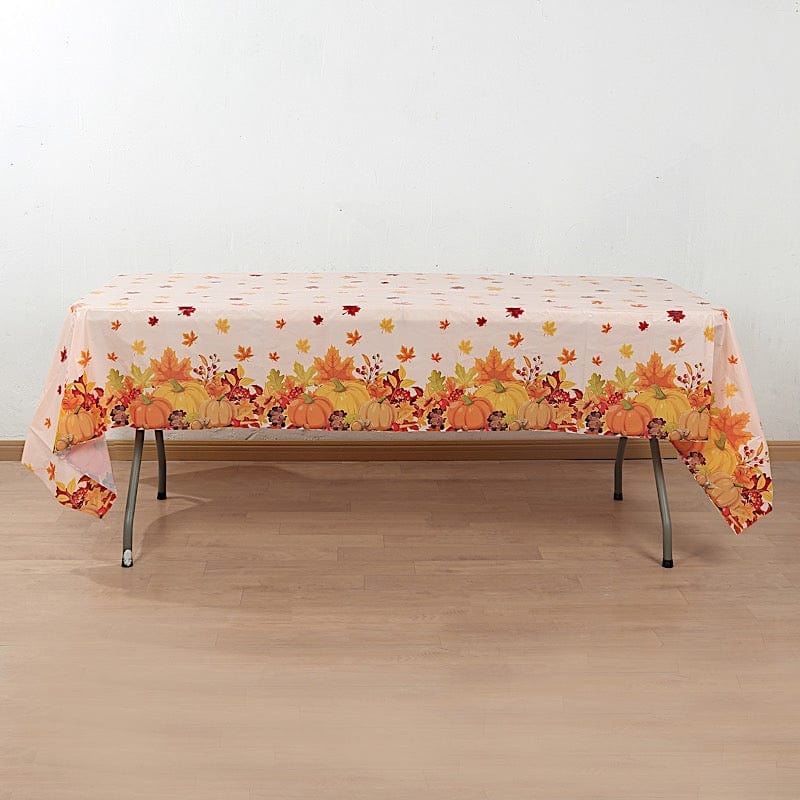 5 Orange 54x108 in Rectangular Disposable  Plastic Tablecloths with Fall Autumn Leaves Pumpkin Print