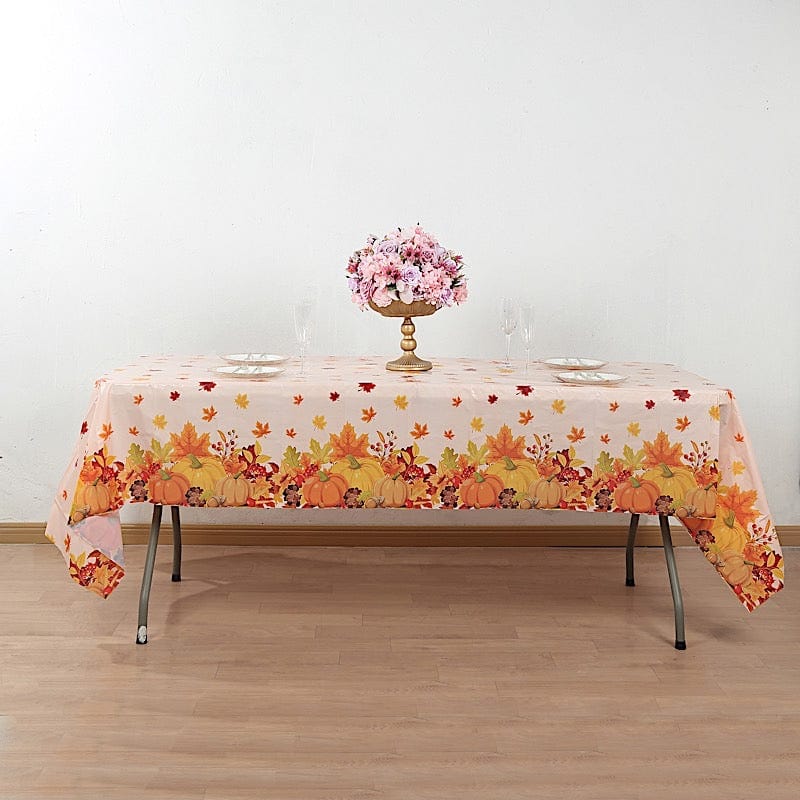 5 Orange 54x108 in Rectangular Disposable  Plastic Tablecloths with Fall Autumn Leaves Pumpkin Print