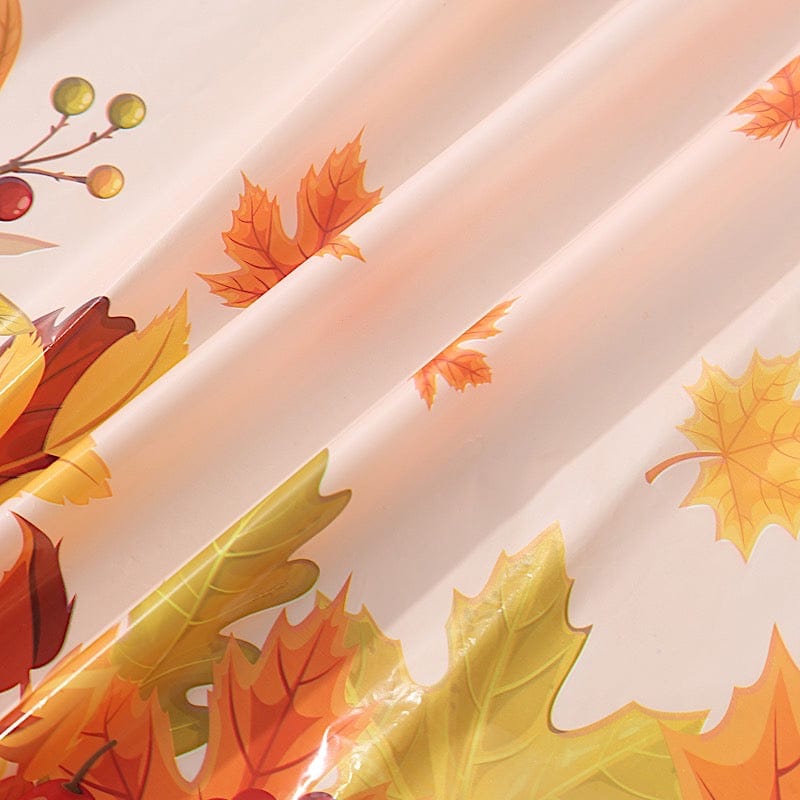 5 Orange 54x108 in Rectangular Disposable  Plastic Tablecloths with Fall Autumn Leaves Pumpkin Print