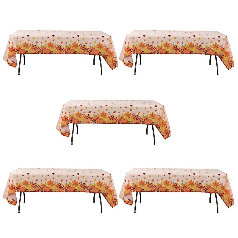 5 Orange 54x108 in Rectangular Disposable  Plastic Tablecloths with Fall Autumn Leaves Pumpkin Print