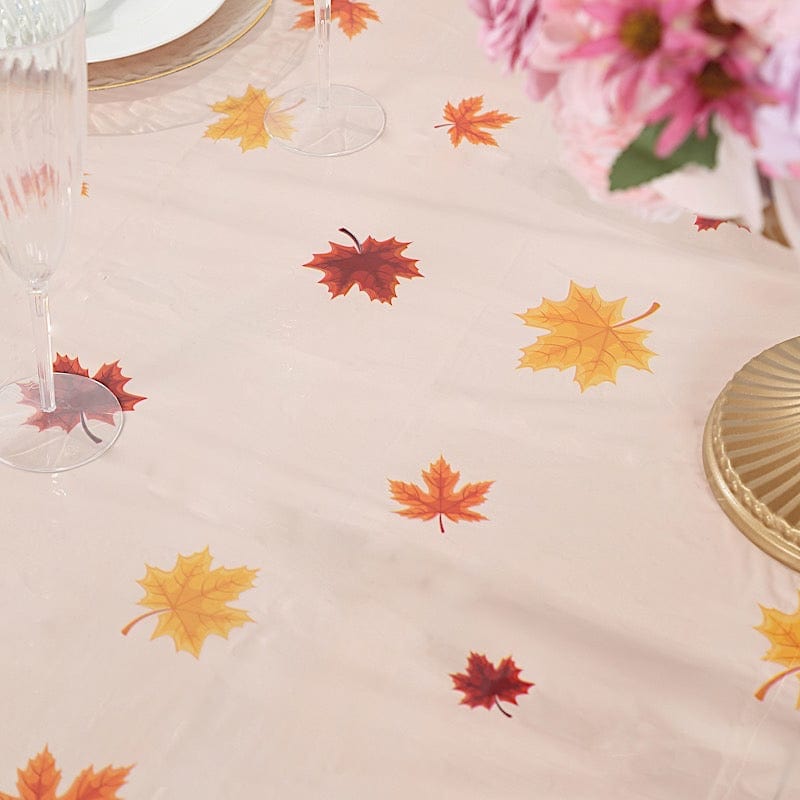 5 Orange 54x108 in Rectangular Disposable  Plastic Tablecloths with Fall Autumn Leaves Pumpkin Print