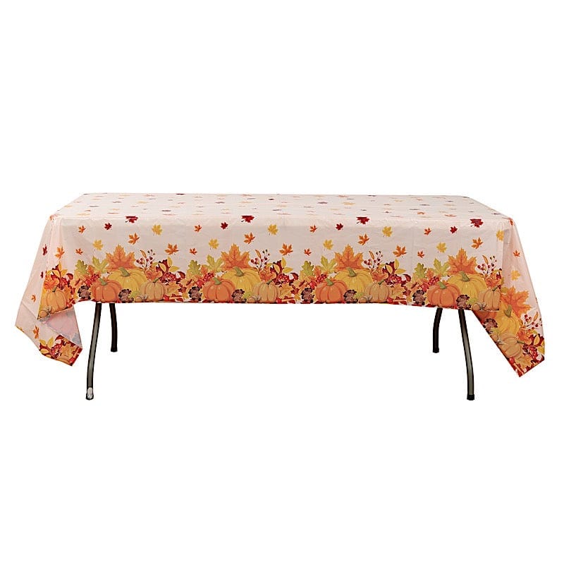 5 Orange 54x108 in Rectangular Disposable  Plastic Tablecloths with Fall Autumn Leaves Pumpkin Print