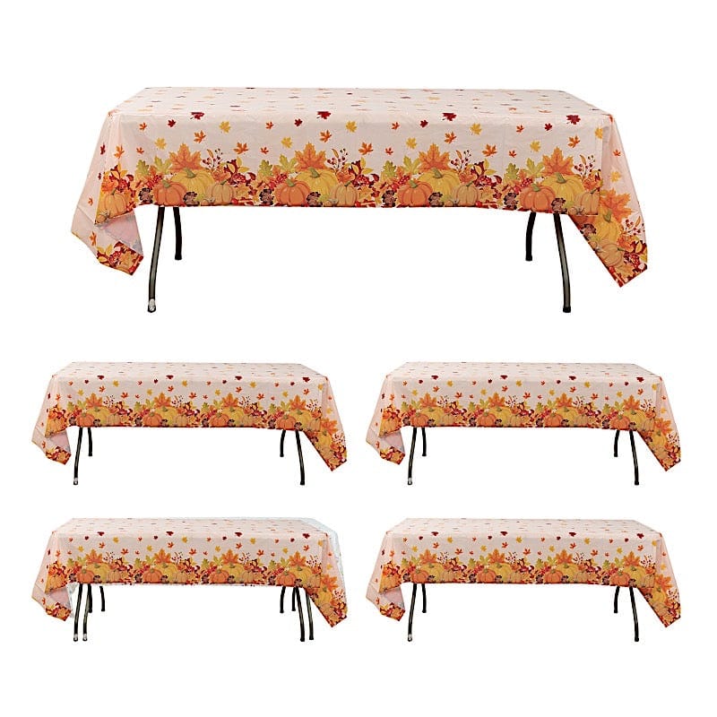 5 Orange 54x108 in Rectangular Disposable  Plastic Tablecloths with Fall Autumn Leaves Pumpkin Print