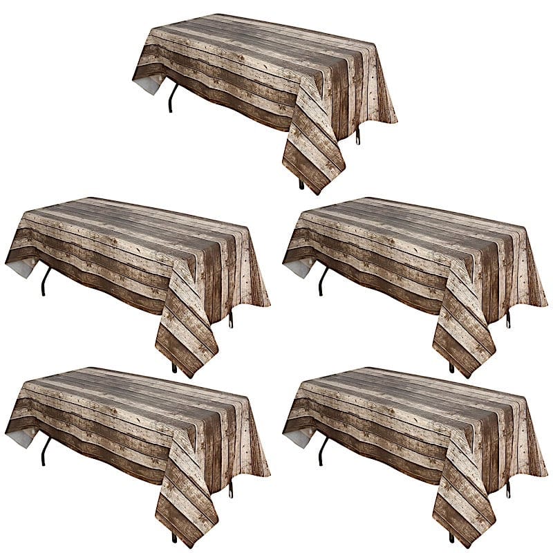5 pack 52x108 in Charcoal Gray Rectangular Disposable Plastic Tablecloth with Rustic Wooden Design