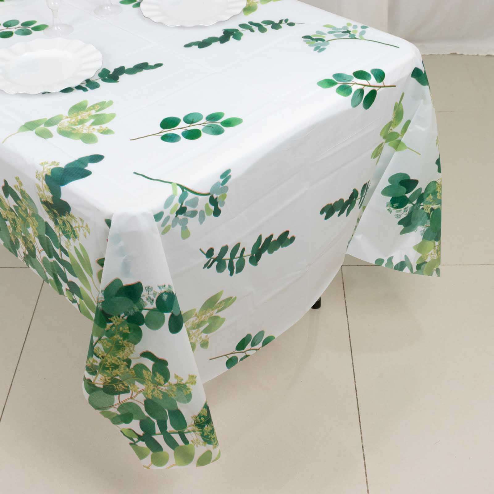 5 White and Green 54x108 in Rectangular Disposable  Plastic Tablecloths with Eucalyptus Leaves Print