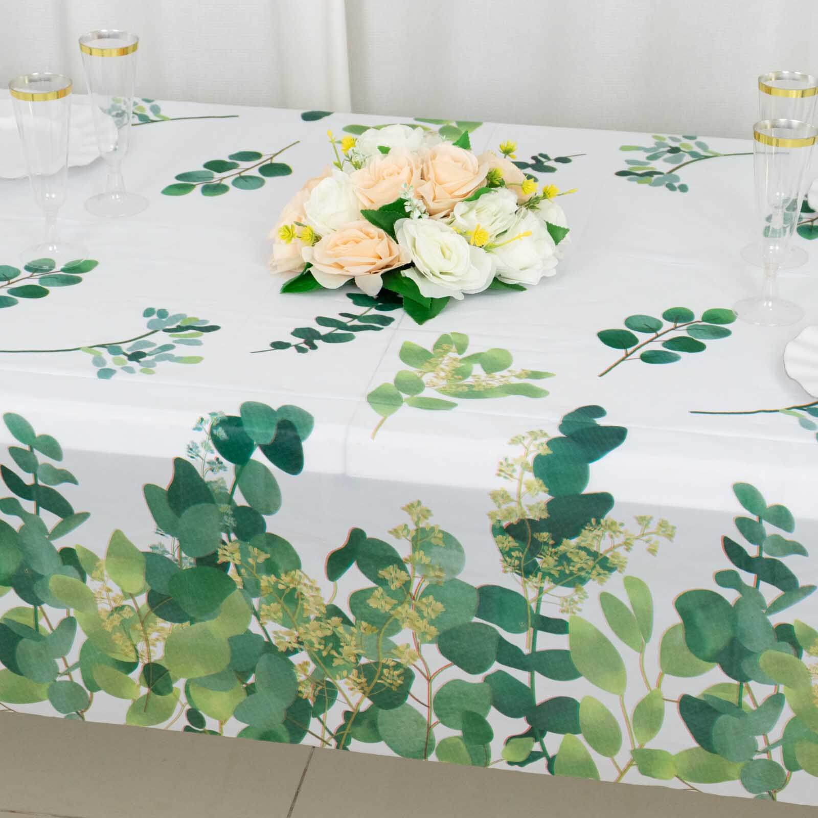 5 White and Green 54x108 in Rectangular Disposable  Plastic Tablecloths with Eucalyptus Leaves Print