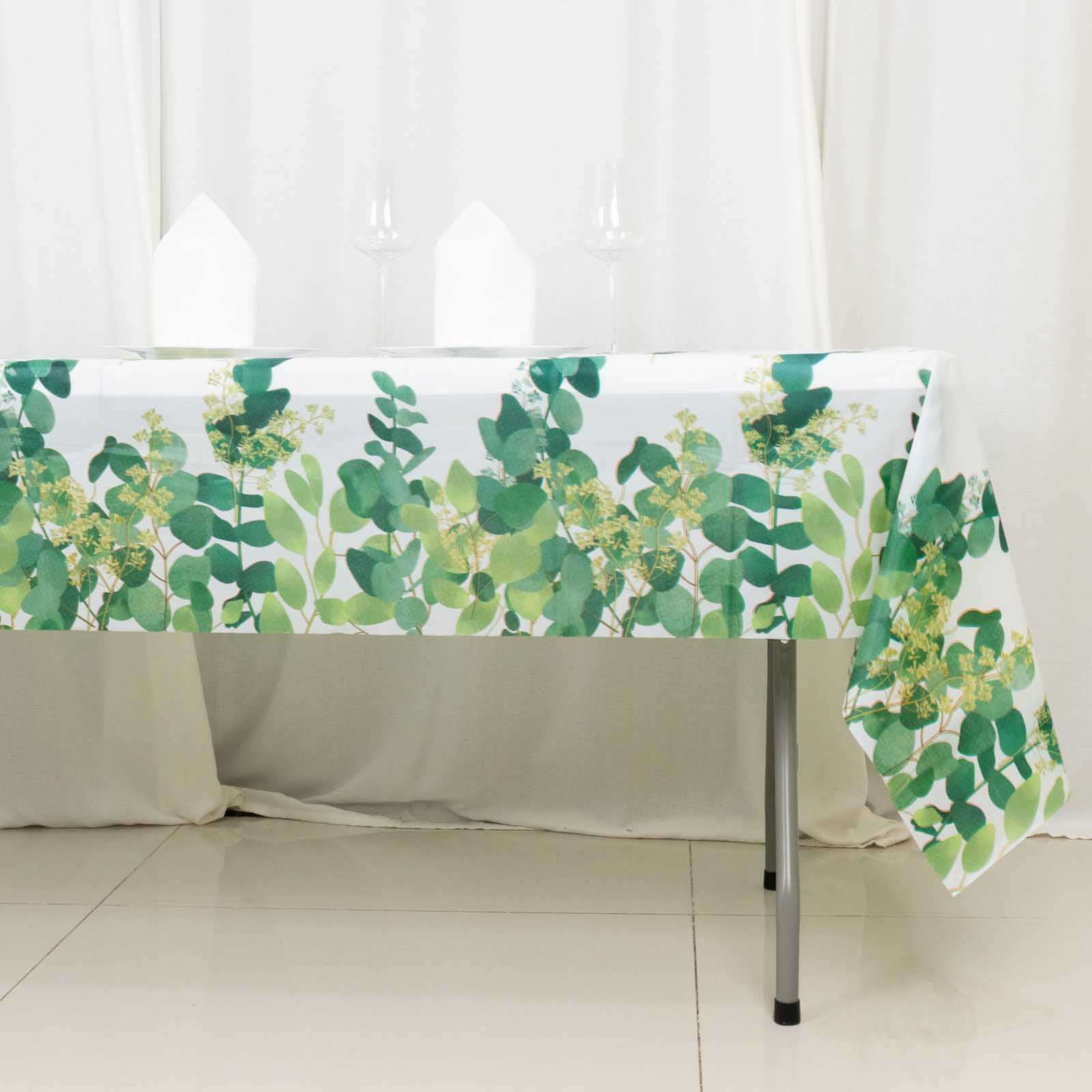 5 White and Green 54x108 in Rectangular Disposable  Plastic Tablecloths with Eucalyptus Leaves Print