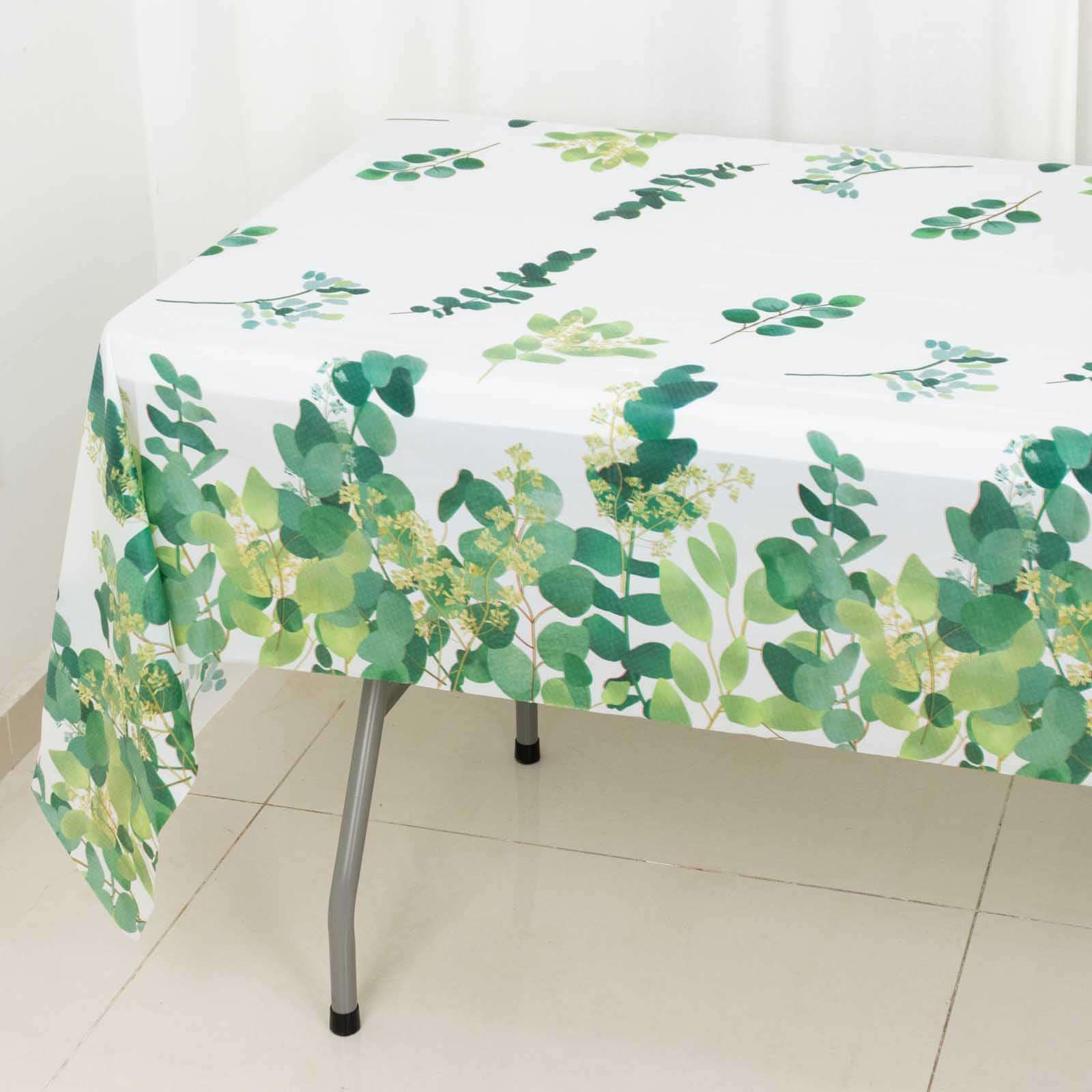5 White and Green 54x108 in Rectangular Disposable  Plastic Tablecloths with Eucalyptus Leaves Print